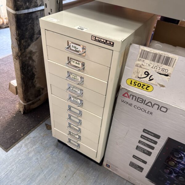 Vintage Bisley office drawer unit for paperwork storage.
