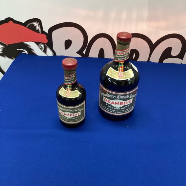 Vintage Drambuie bottles, Scottish whisky liqueur collectible.