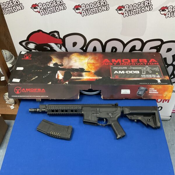 Amoeba AM-008 airsoft rifle with tactical features and rail system.