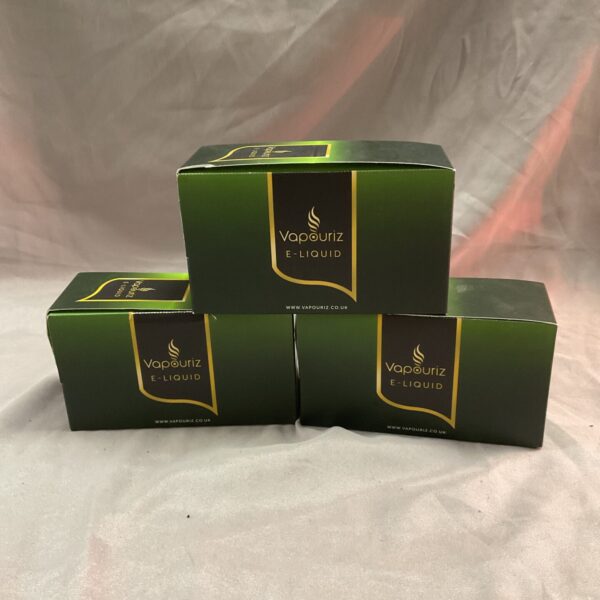 Three boxes of Vapouriz Classic Tobacco E Liquid for vaping.