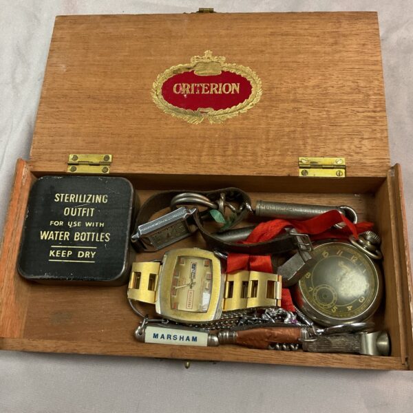 Vintage mixed lot with pocket watch and penknife inside wooden box.