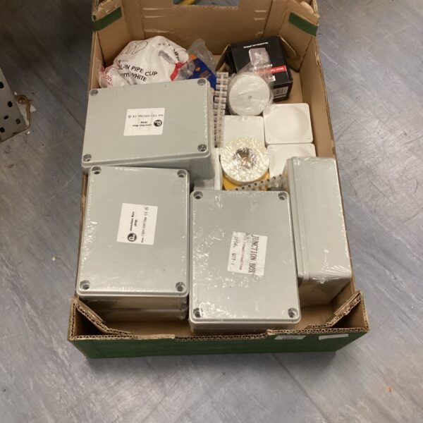 Mixed lot of plastic electrical junction boxes and wiring accessories.