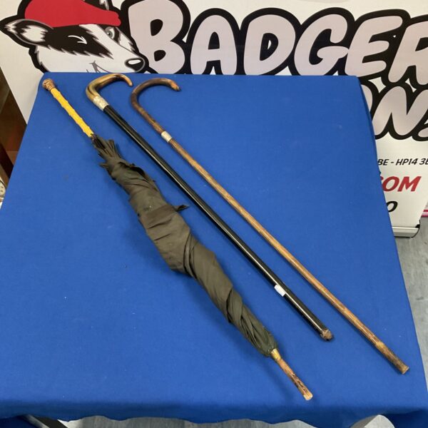 Vintage walking sticks and umbrella set with silver and gilt metal details.