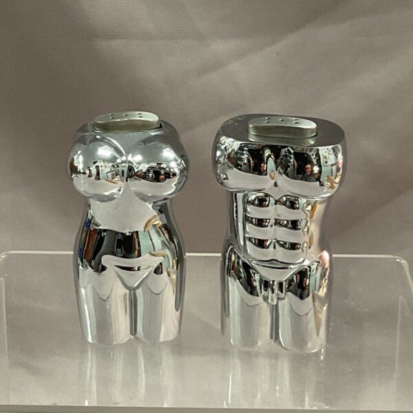 Vintage Justus chrome salt and pepper shakers, mid-century modern design.