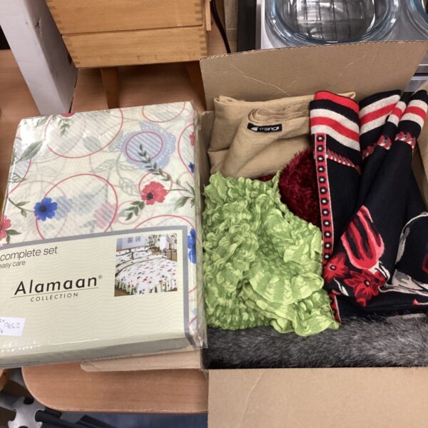 Alamaan double duvet set and box of shawls for sale.
