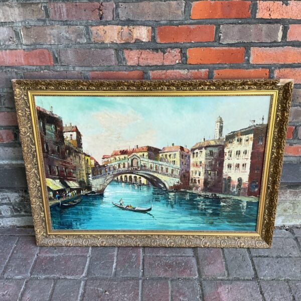 Large vintage oil painting of Venice canal scene signed Dreossi.