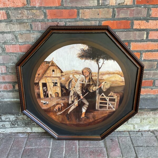 Large oil painting copy of Hieronymus Bosch’s “The Wayfarer” depicting a traveller.