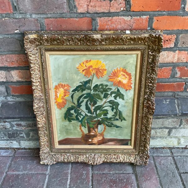 Vintage still life oil painting of flowers in a vase.