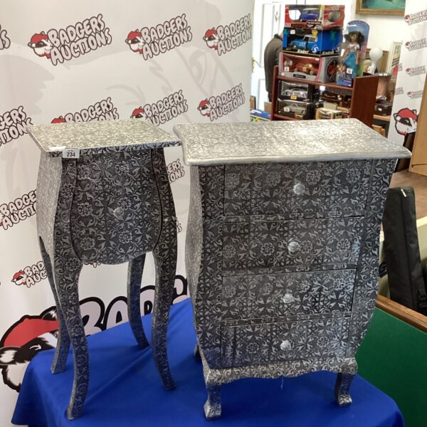 Ornate vintage embossed metal bedside table with drawer.