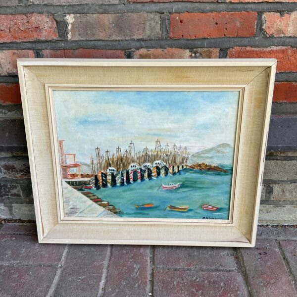 Vintage oil painting of fishing boats by M Shepherd in a harbour scene.
