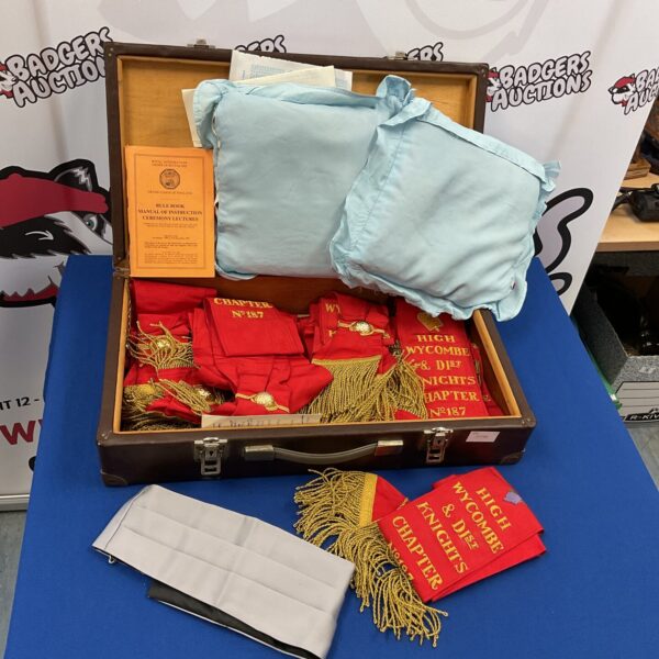 Vintage leather case containing High Wycombe Masonic Knights Chapter sashes.