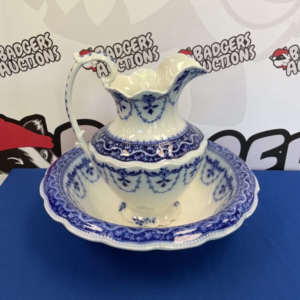 Antique Victorian blue and white porcelain wash bowl and jug set.
