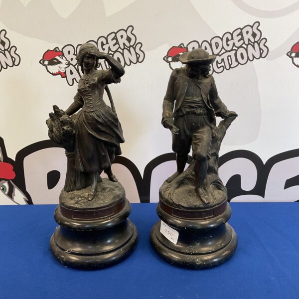 Antique pair of bronze spelter figures on plinths, collectible sculptures.