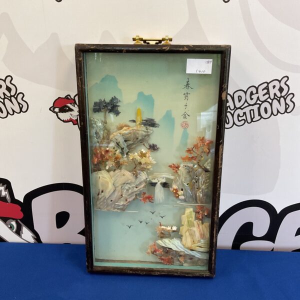 Vintage mother of pearl decoupage panel with oriental landscape scene.