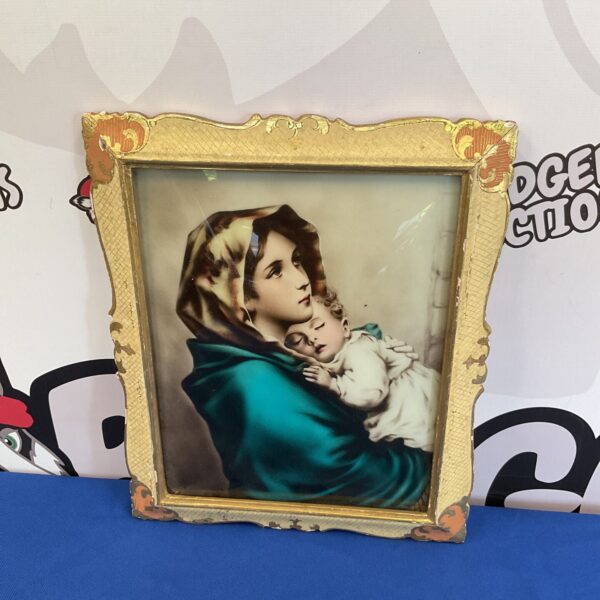 Vintage crystoleum portrait of mother and child in gilt frame.