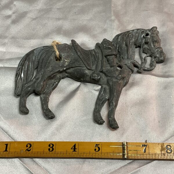 Vintage lead war horse sculpture, antique collectible figurine.