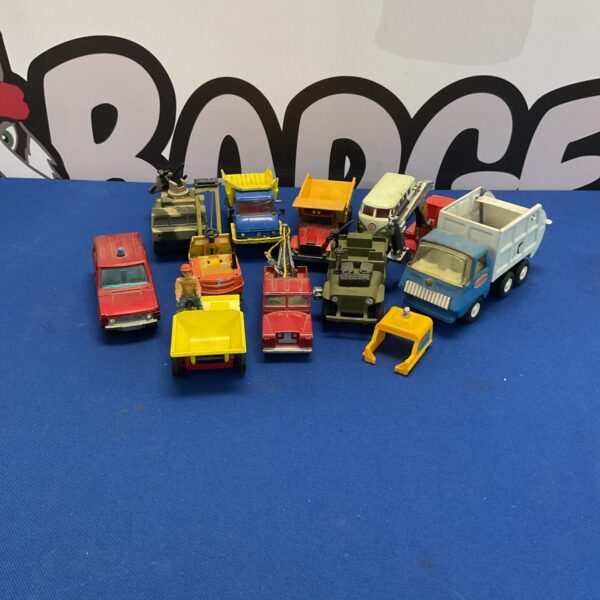 Tray of vintage diecast toys including Tonka and Dinky models.