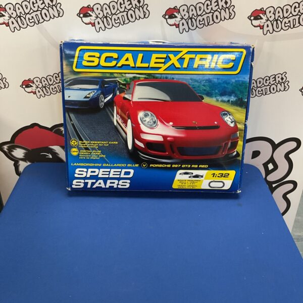 Scalextric Speed Stars set box featuring Lamborghini and Porsche slot cars.