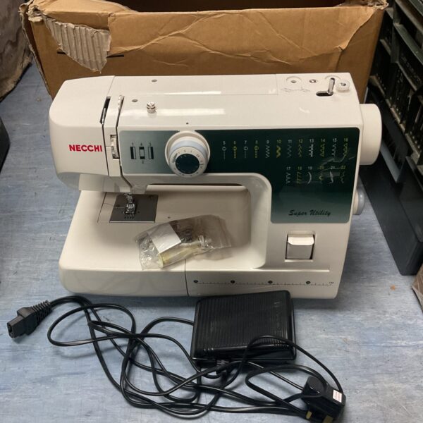 Vintage Necchi Super Utility sewing machine in used condition.