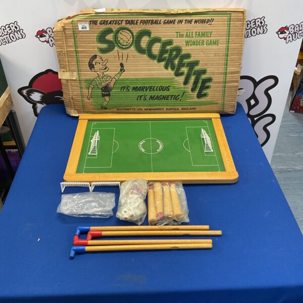 Vintage boxed Soccerette table football game, a collectible retro toy.