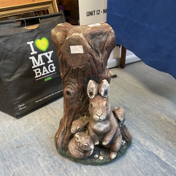 Detailed concrete garden squirrel ornament on a tree stump.