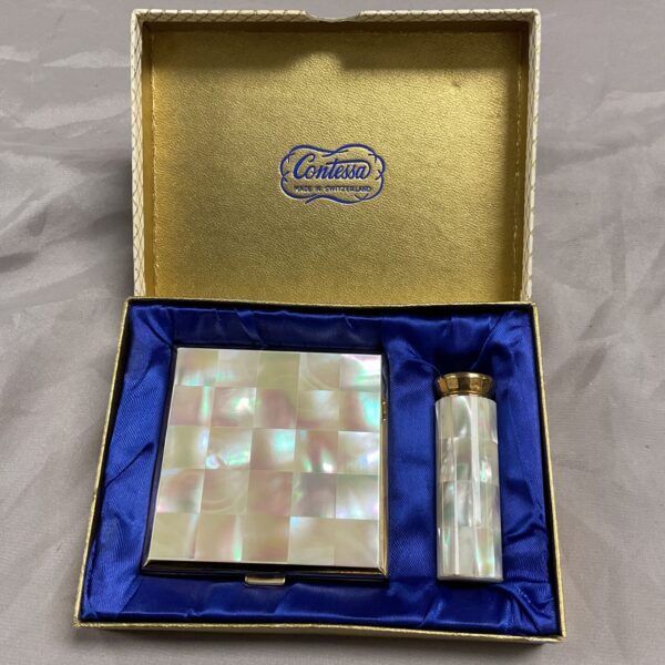 Vintage Contessa powder compact and lipstick case with mother of pearl.