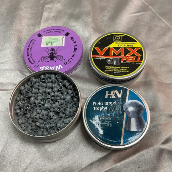 Three tins of Weihrauch .22 calibre airgun pellets for accurate shooting.