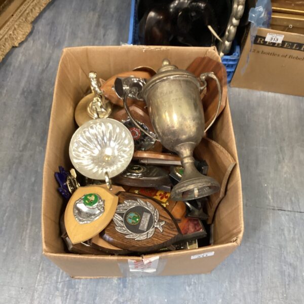 Vintage mixed trophy lot with engraved shields and awards.