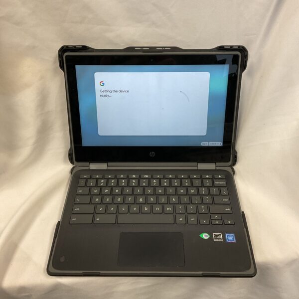 Front view of used HP Chromebook laptop with screen on.