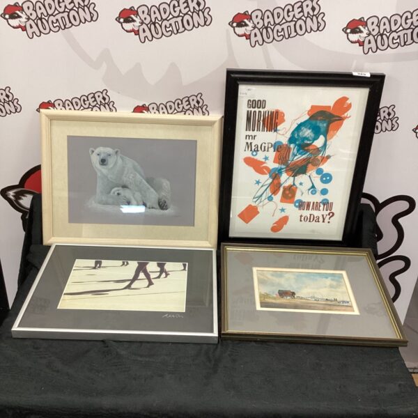 Lot of four framed polar bear prints for vintage wildlife decor.