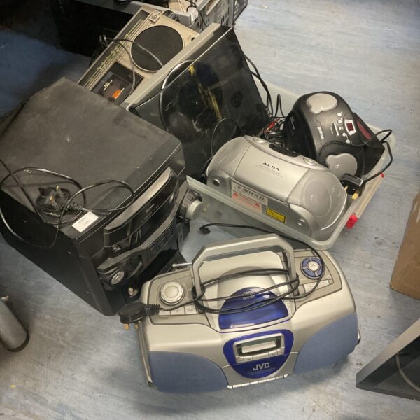 Vintage radio lot featuring a JVC portable cassette player.