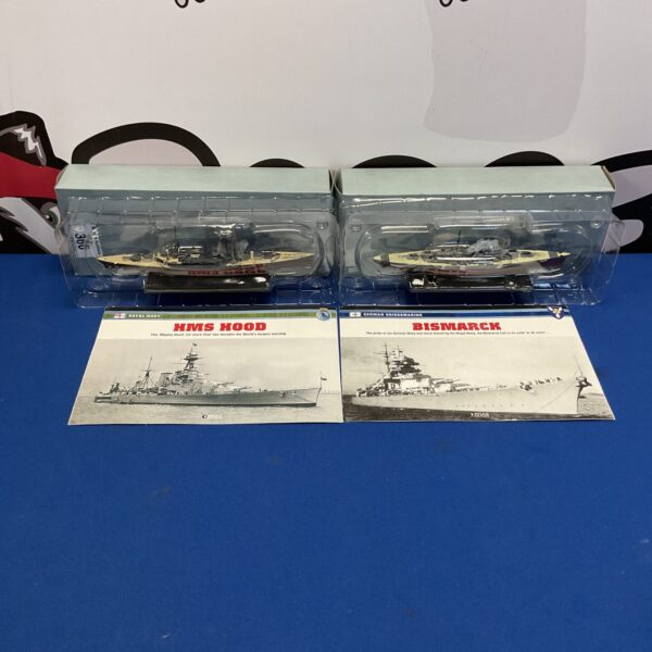 Detailed model ships of HMS Hood and Bismarck, collectible naval models.