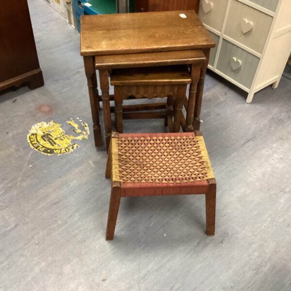 Vintage oak nest of tables with raffia topped foot stool.