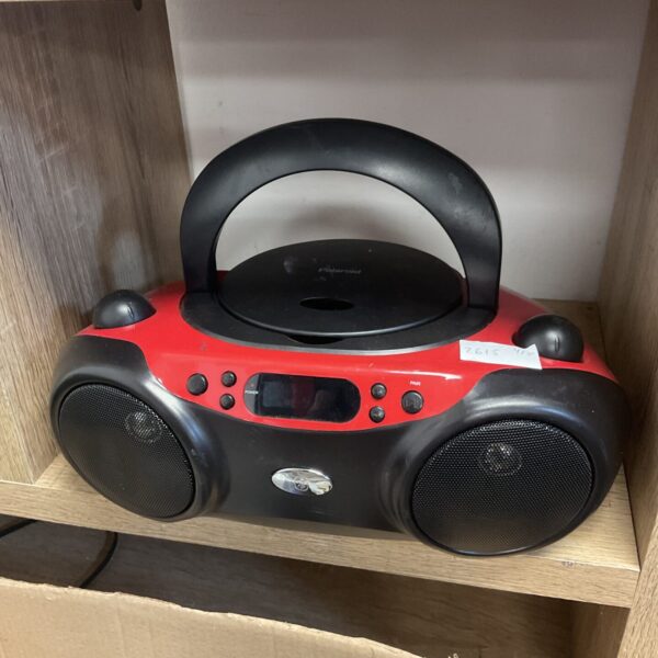 Red Polaroid Bluetooth CD radio with CD player and radio dial.