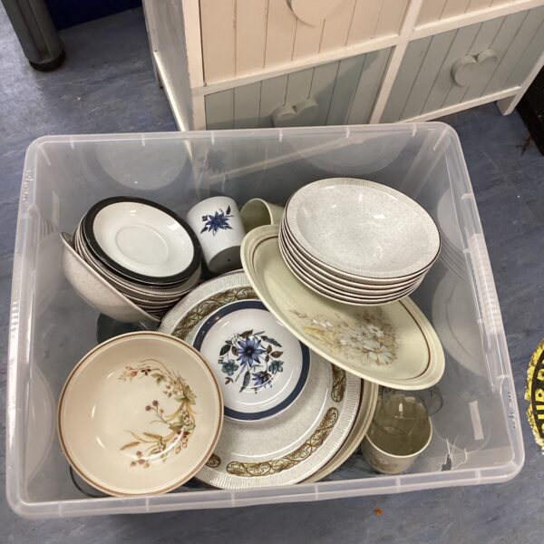 Mixed lot of vintage pottery and glassware including Poole Pottery.