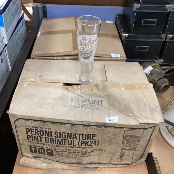 Case of Peroni Nastro Azzurro pint glasses, vintage pub glassware.