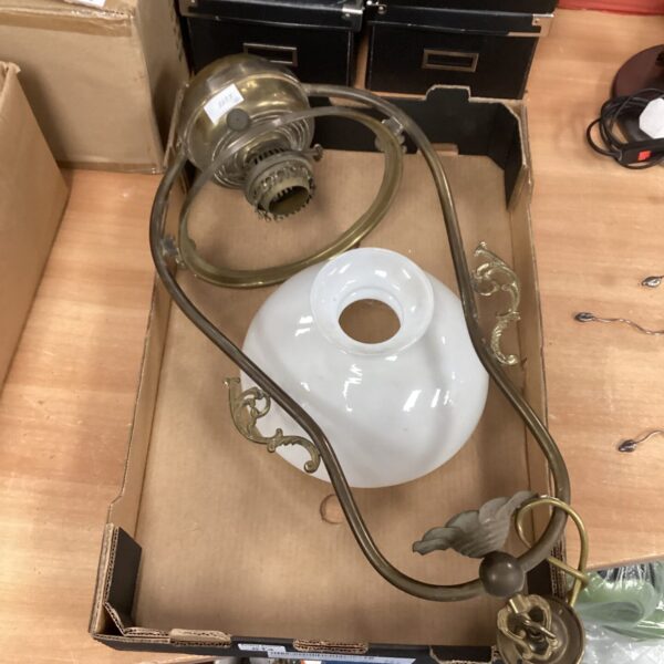 Vintage brass lantern ceiling lamp with frosted glass shade.