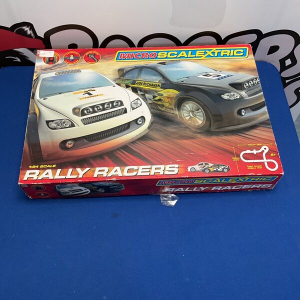 Front view of the Microscalextric Rally Racers set packaging.