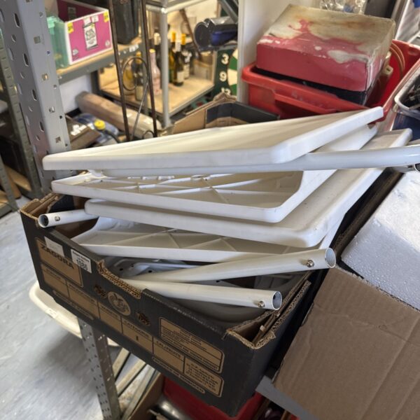 Vintage white metal armchair dinner tables, a retro furniture lot.