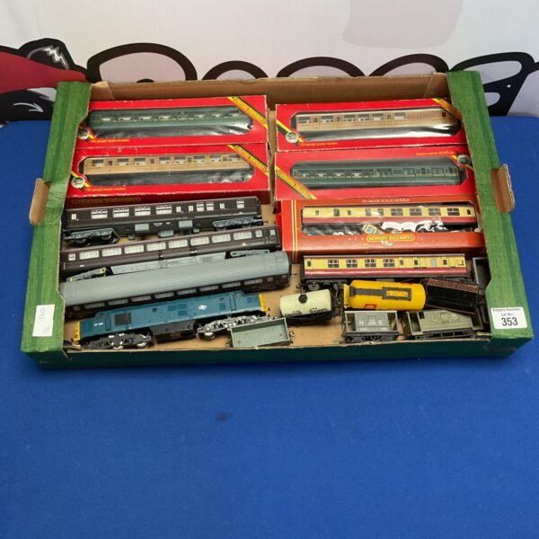 Vintage Hornby Railways carriages and train set on display.