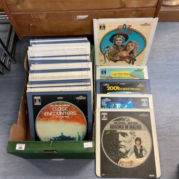 Vintage RCA SelectaVision video disc movie collection featuring Easy Rider and 2001 Space Odyssey.
