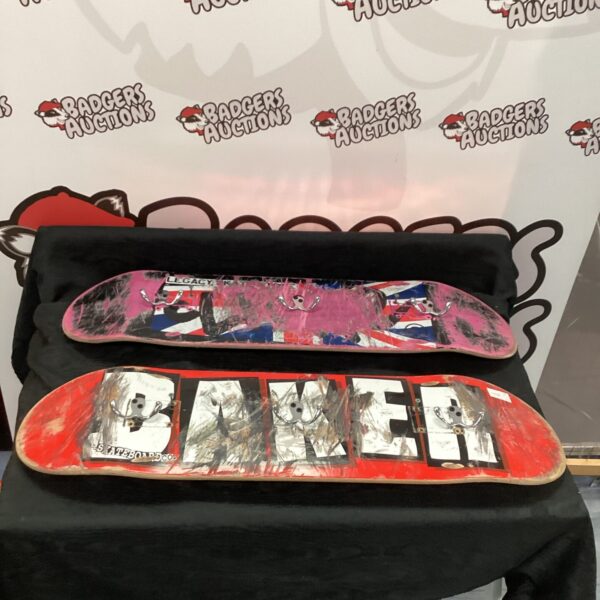 Repurposed skateboards transformed into colourful wall-mounted coat hooks.