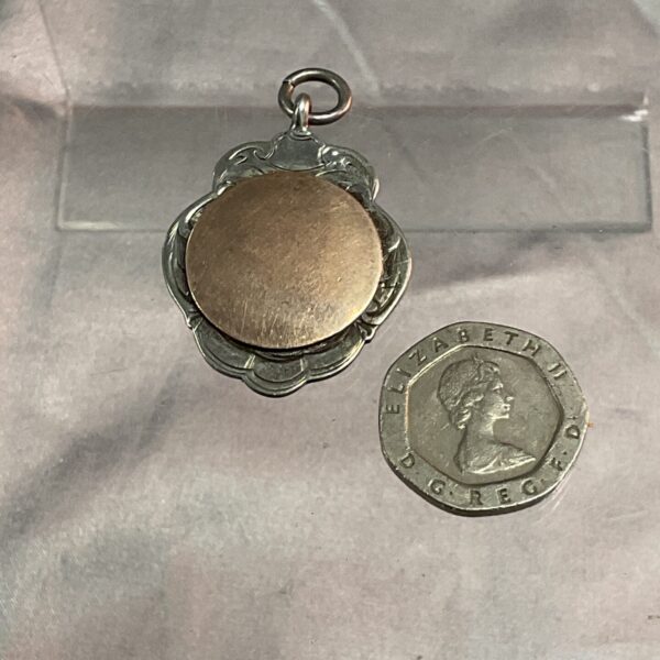 Close-up of silver medal with yellow metal disc.