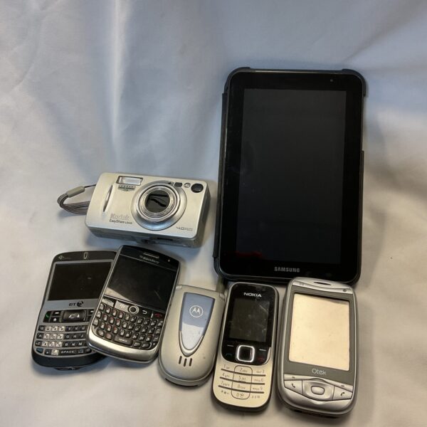 Vintage mobile phone bundle with Kodak camera and Samsung tablet.