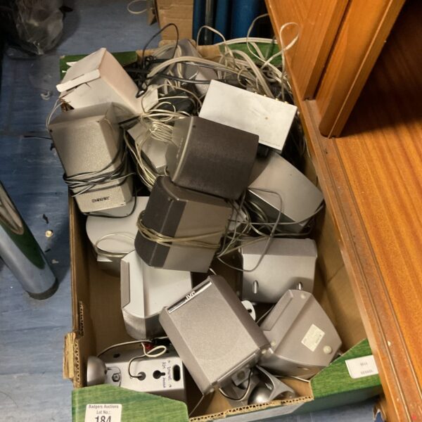 Mixed lot of vintage Sony and JVC satellite speakers for home audio.