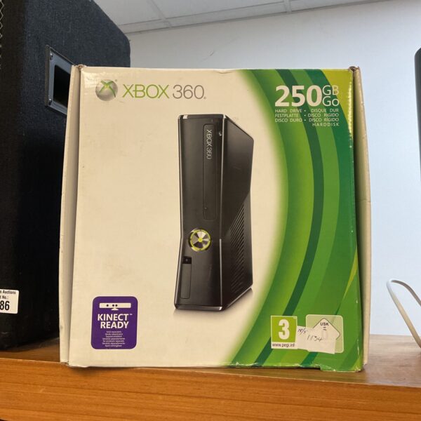 Boxed Microsoft Xbox 360 E gaming console with accessories.