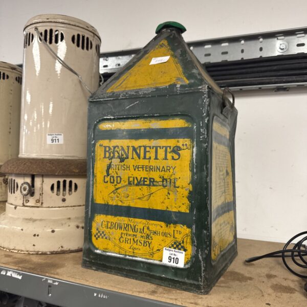 Vintage Bennetts Cod Liver Oil drum with bold advertising graphics.