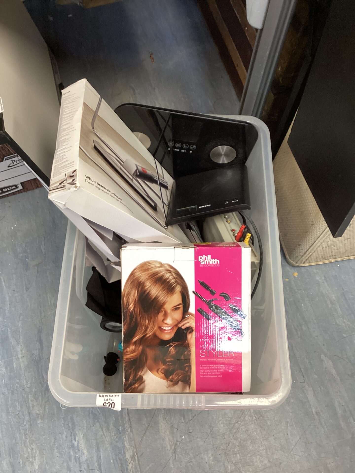 598 Box of mixed items inc Phil Smith hair styler