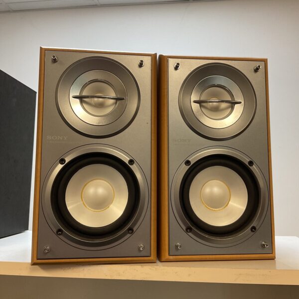 Pair of vintage Sony SS-CRB5 bookshelf speakers on a white surface.