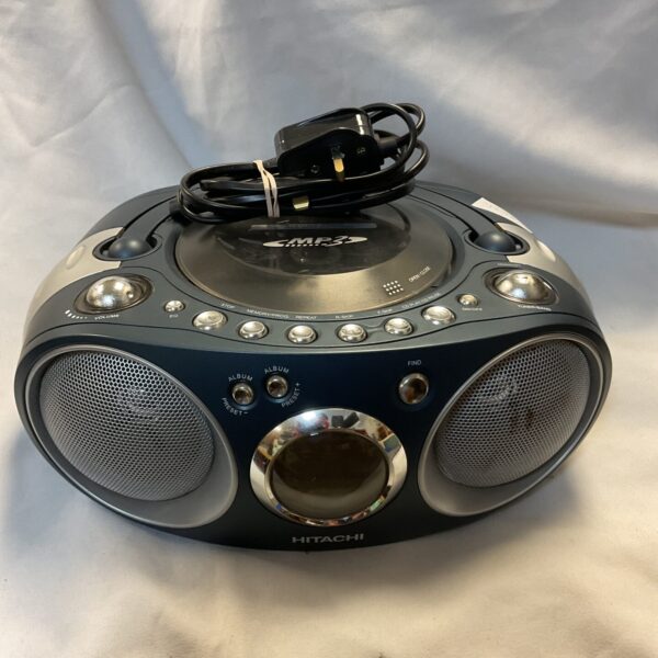 Vintage Hitachi portable CD player radio with antenna.